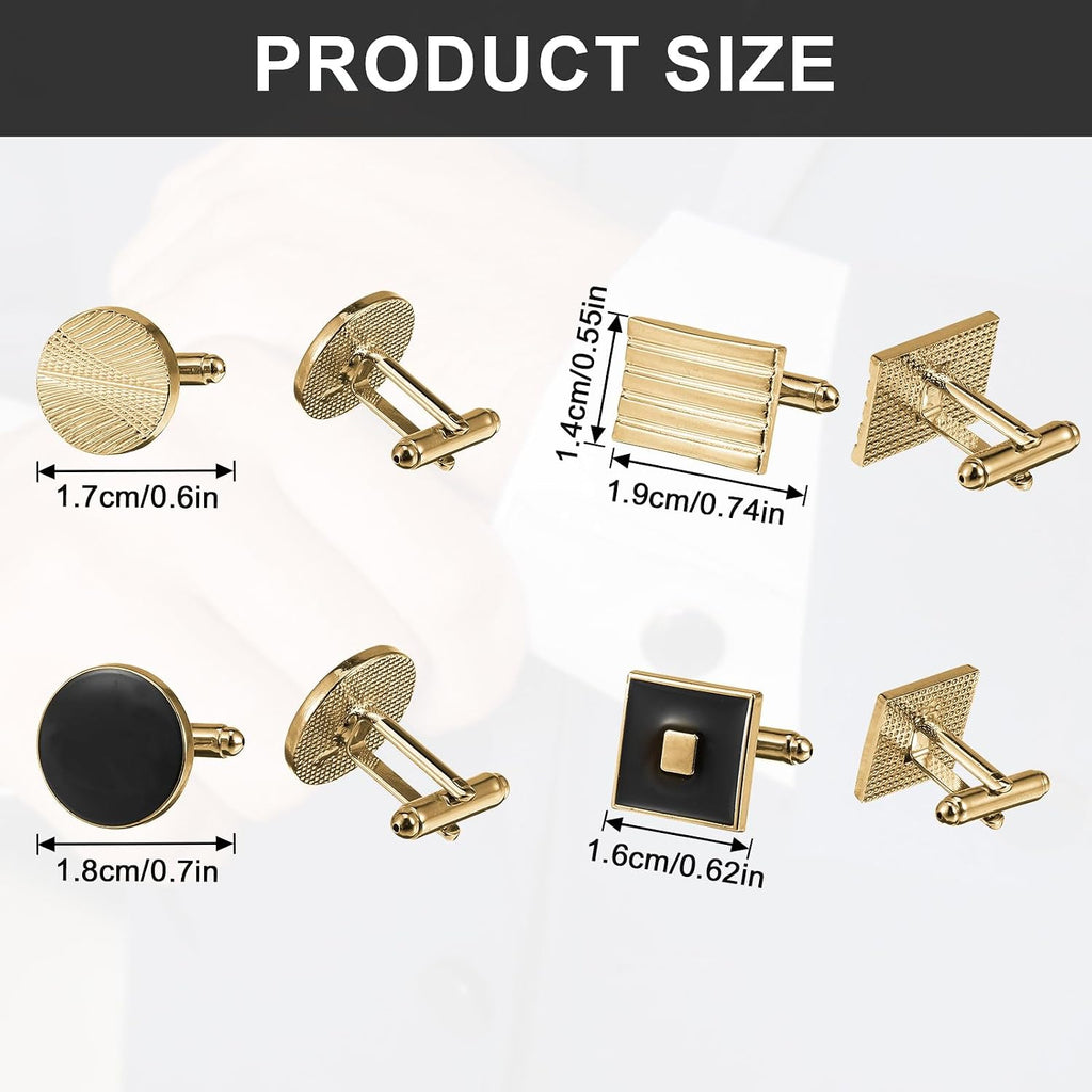 4 Pairs Cufflinks for Men Classic Tone Cuff Links Fashion Men Cufflinks Gold/Sliver Striped Disc Square Rectangle Cuff Links for Business Wedding Party Gift Box