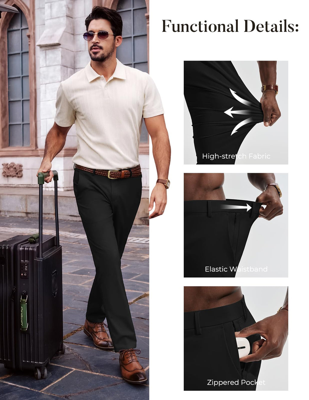 Mens Dress Pants 4-Way Stretch Tapered Trousers Extended Waist Dress Pant Casual Golf Pants