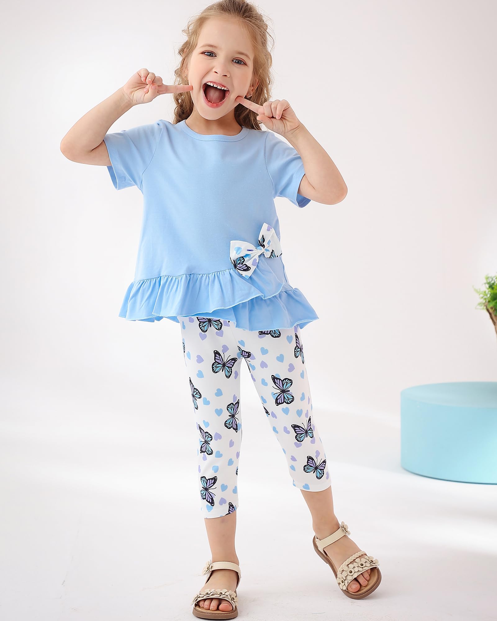 Toddler Girl Clothes 2-8Years Girls Outfit, Short Sleeve Ruffle Bowknot Top+Floral Capri Pants 2Pcs Spring Summer Set