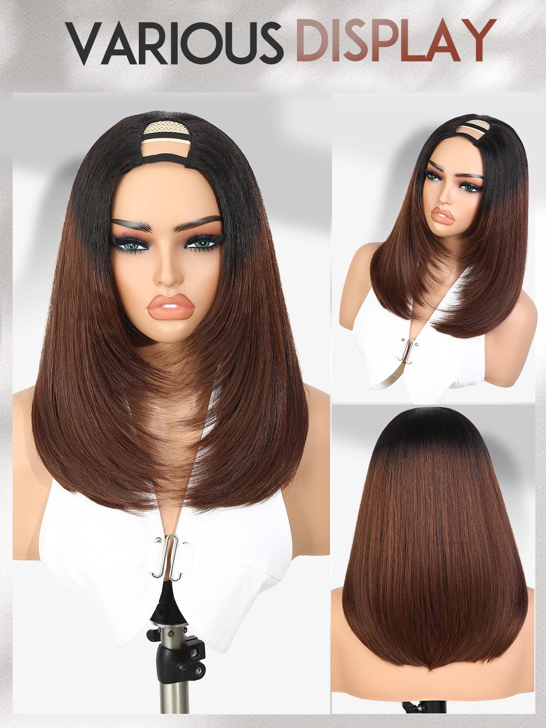 Yaki Straight Layered U Part Wigs V Part Glueless Clip in Half Wigs for Women Realistic Natural Looking Heat Resistant Synthetic Hair(24inch,Natural Black)