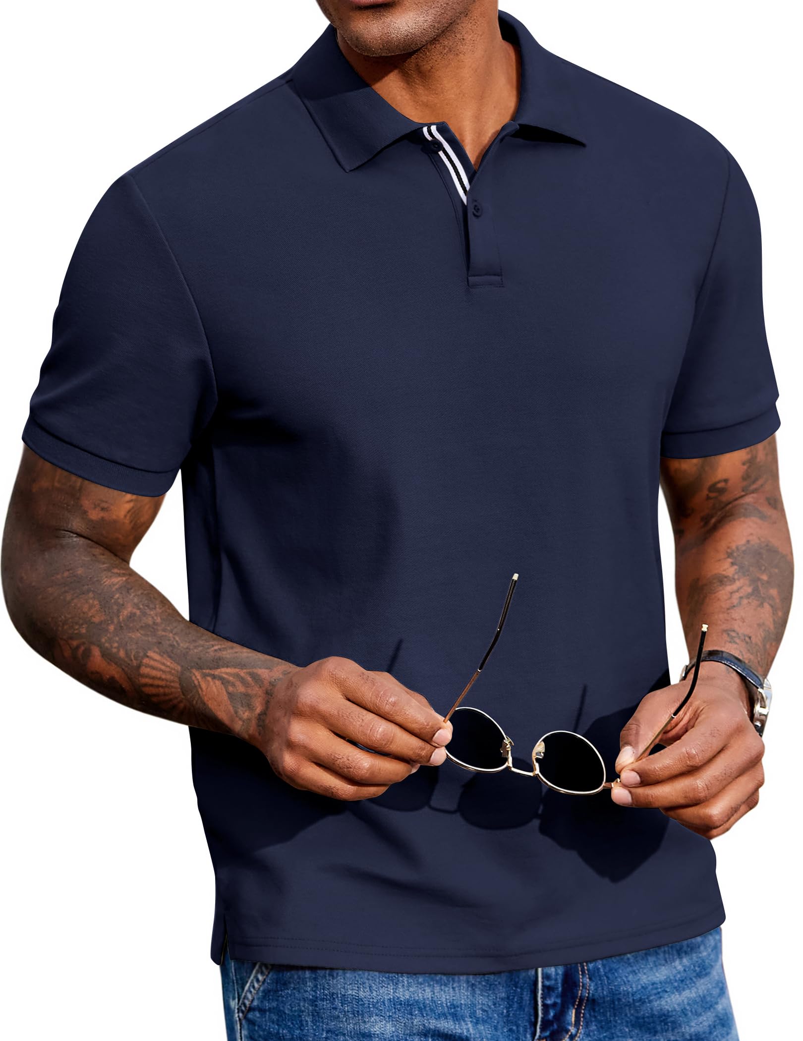 Men's Polo Shirts Short Sleeve Cotton Pique Casual Button T Shirts Classic Fit Collared Golf Shirts