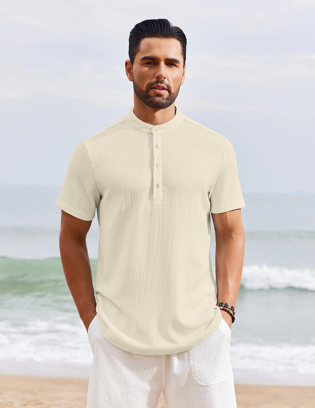 Men's Henley Shirt Short Sleeve Stand Collar Summer Casual Beach Hippie T-Shirts