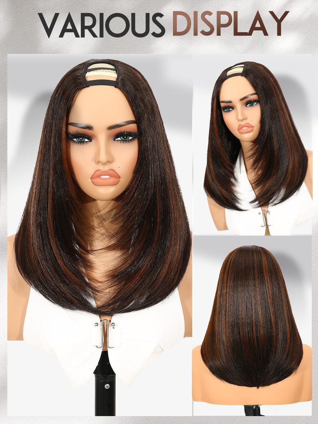 Yaki Straight Layered U Part Wigs V Part Glueless Clip in Half Wigs for Women Realistic Natural Looking Heat Resistant Synthetic Hair(24inch,Natural Black)