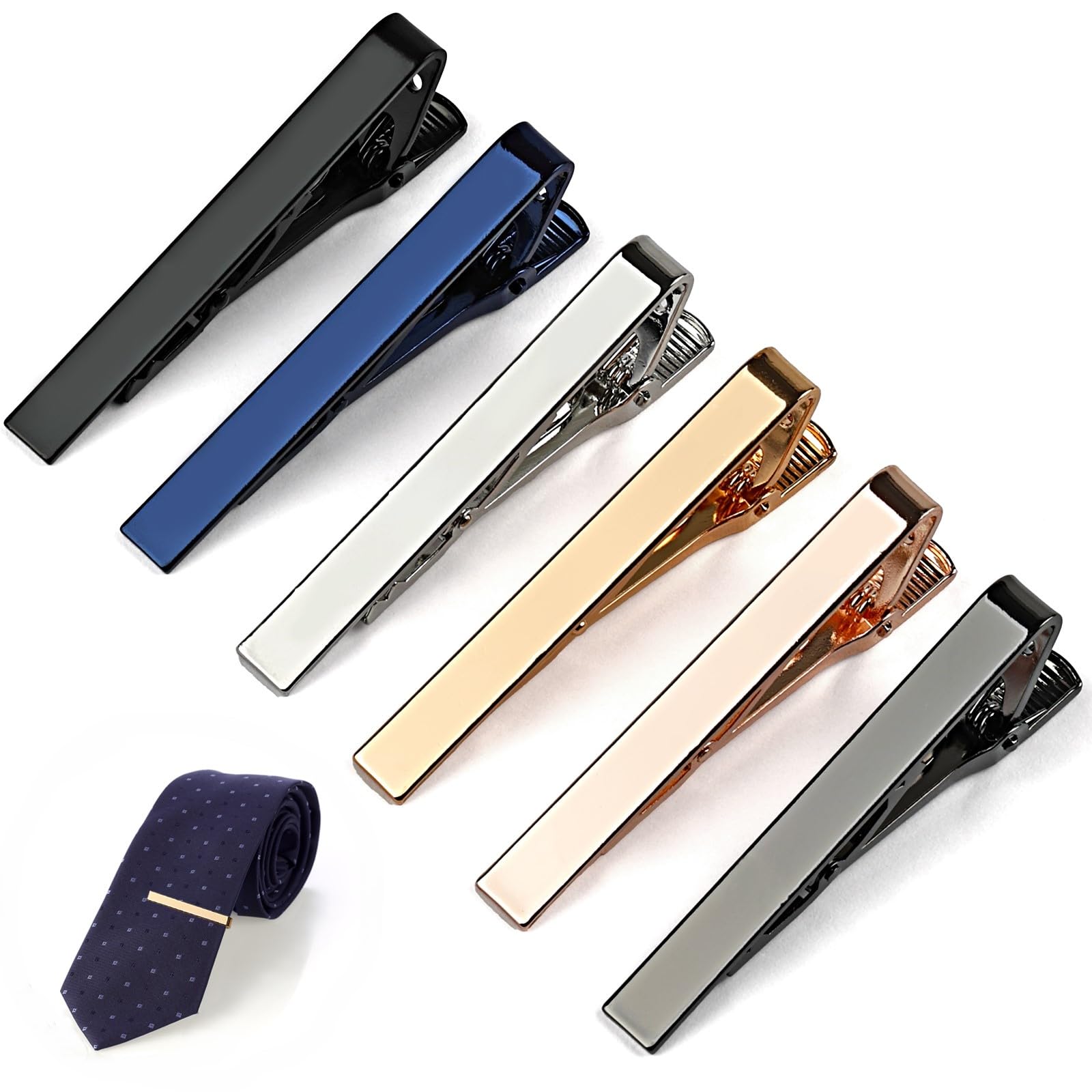 6 Pcs Tie Clips for Men, Classic Shiny & Glossy Tie Bar, Ideal for Father, Husband, Boyfriend, Business, Wedding, Tie Pins with Gift Box