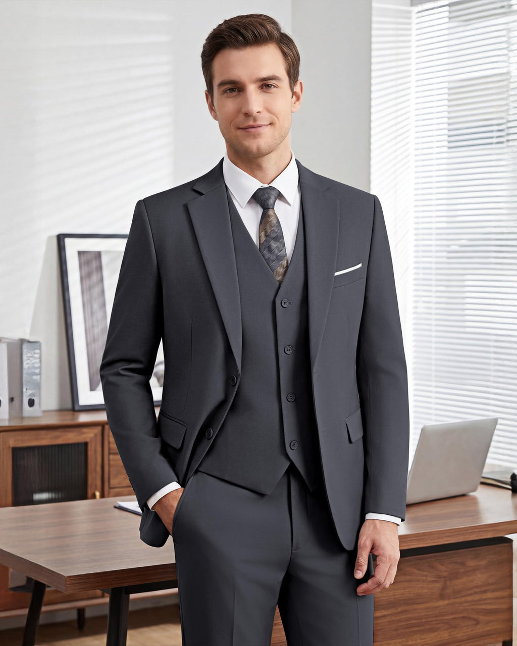Men's Slim Fit 3 Piece Suits Two Button Blazer Vest & Pants Tuxedo Set for Business Wedding Party