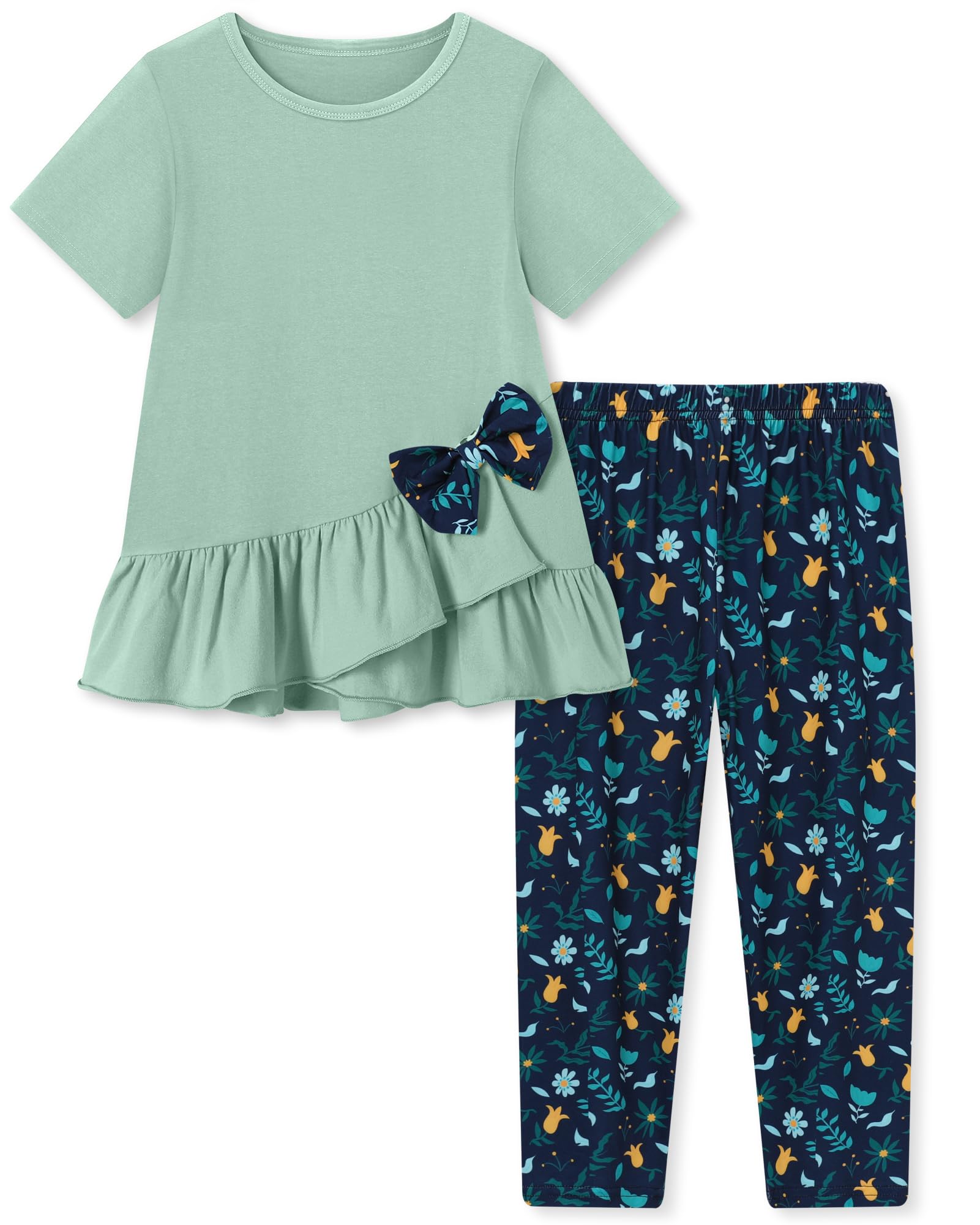 Toddler Girl Clothes 2-8Years Girls Outfit, Short Sleeve Ruffle Bowknot Top+Floral Capri Pants 2Pcs Spring Summer Set