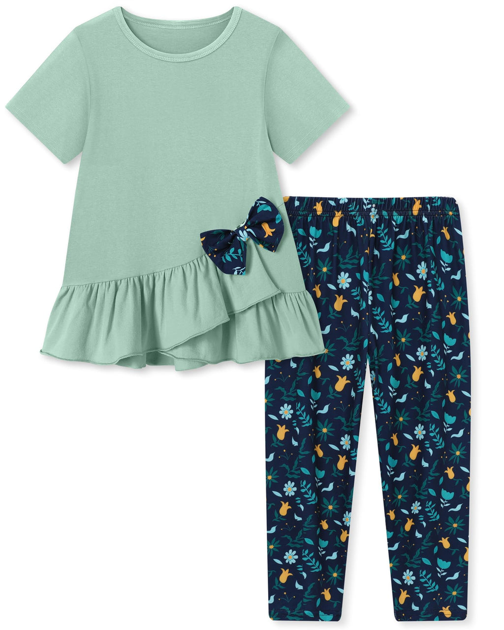 Toddler Girl Clothes 2-8Years Girls Outfit, Short Sleeve Ruffle Bowknot Top+Floral Capri Pants 2Pcs Spring Summer Set