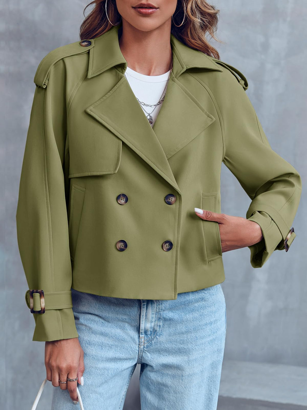 Women Crop Double Breasted Trench Coat Raglan Sleeve Work Office Cropped Jacket With Pockets