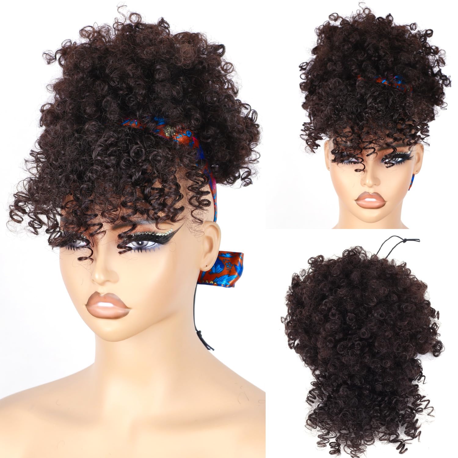 Drawstring Ponytail for Black Women, Afro Puff Kinky Curly Hair Ponytail Extension with Bangs Black Updo Natural Hair Ponytail (1B Natural Black)
