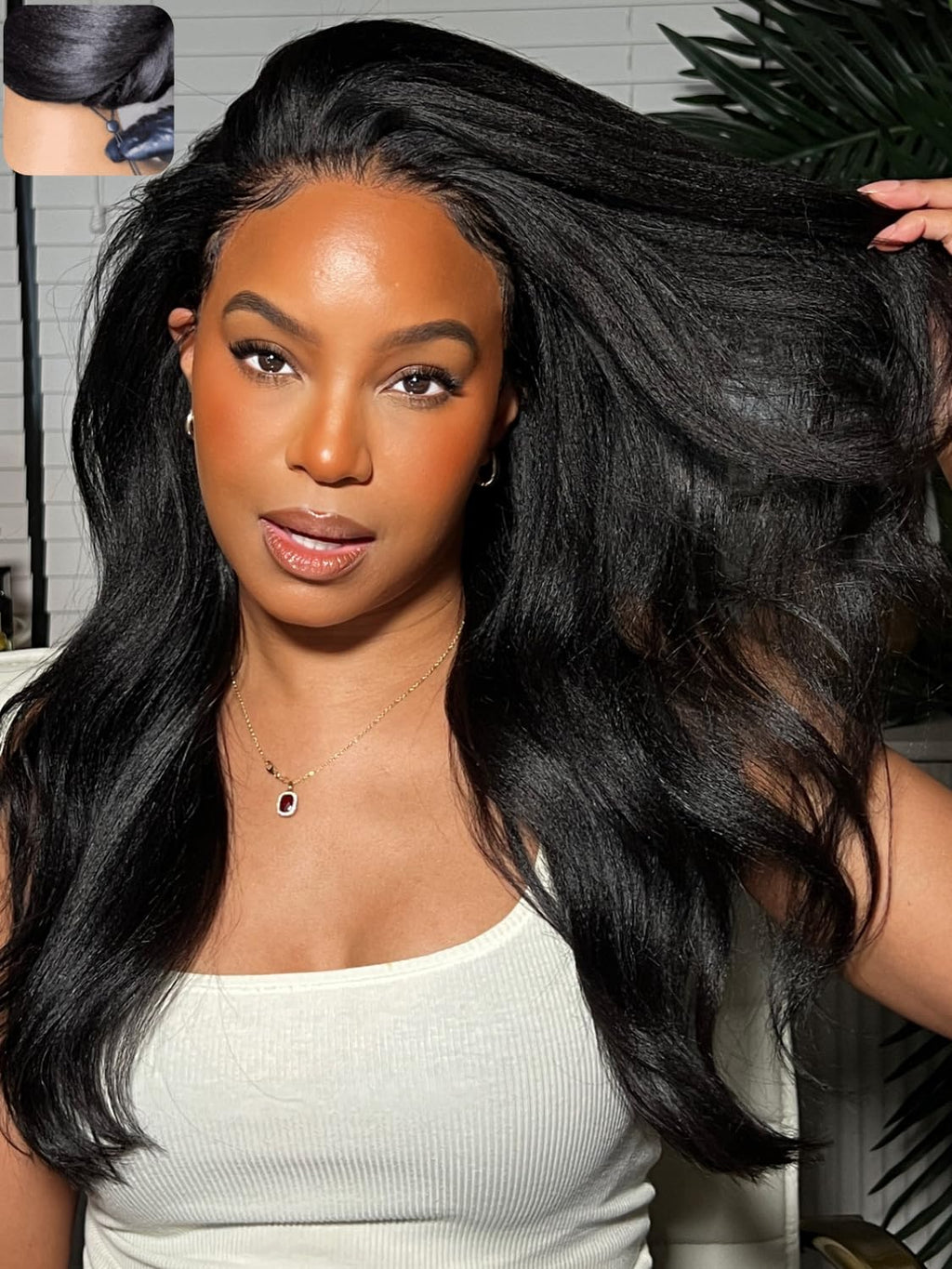 Golden Brown Highlight Glueless Yaki Straight Precut 7x5 Lace Front Wigs Human Hair Drawstring Ombre Pre Plucked Bleached Knots 30S Ready to Wear and Go Wig with Dark Roots 16Inch