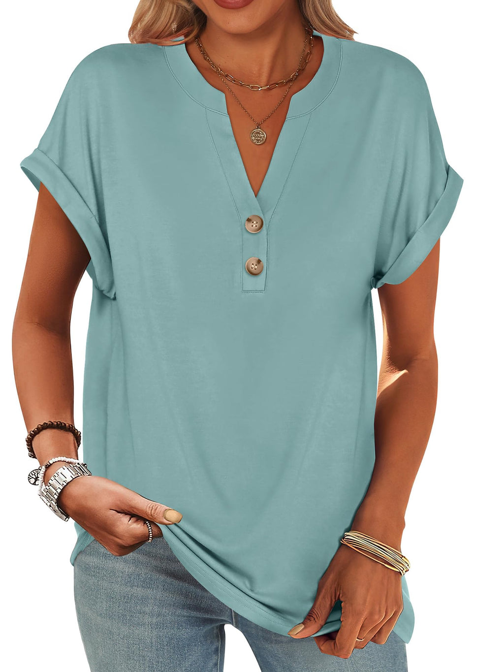 ANRABESS Womens Short Sleeve Henley Tops V Neck Dressy Casual Blouses Summer Trendy Tee Shirts 2026 Vacation Fashion Clothes