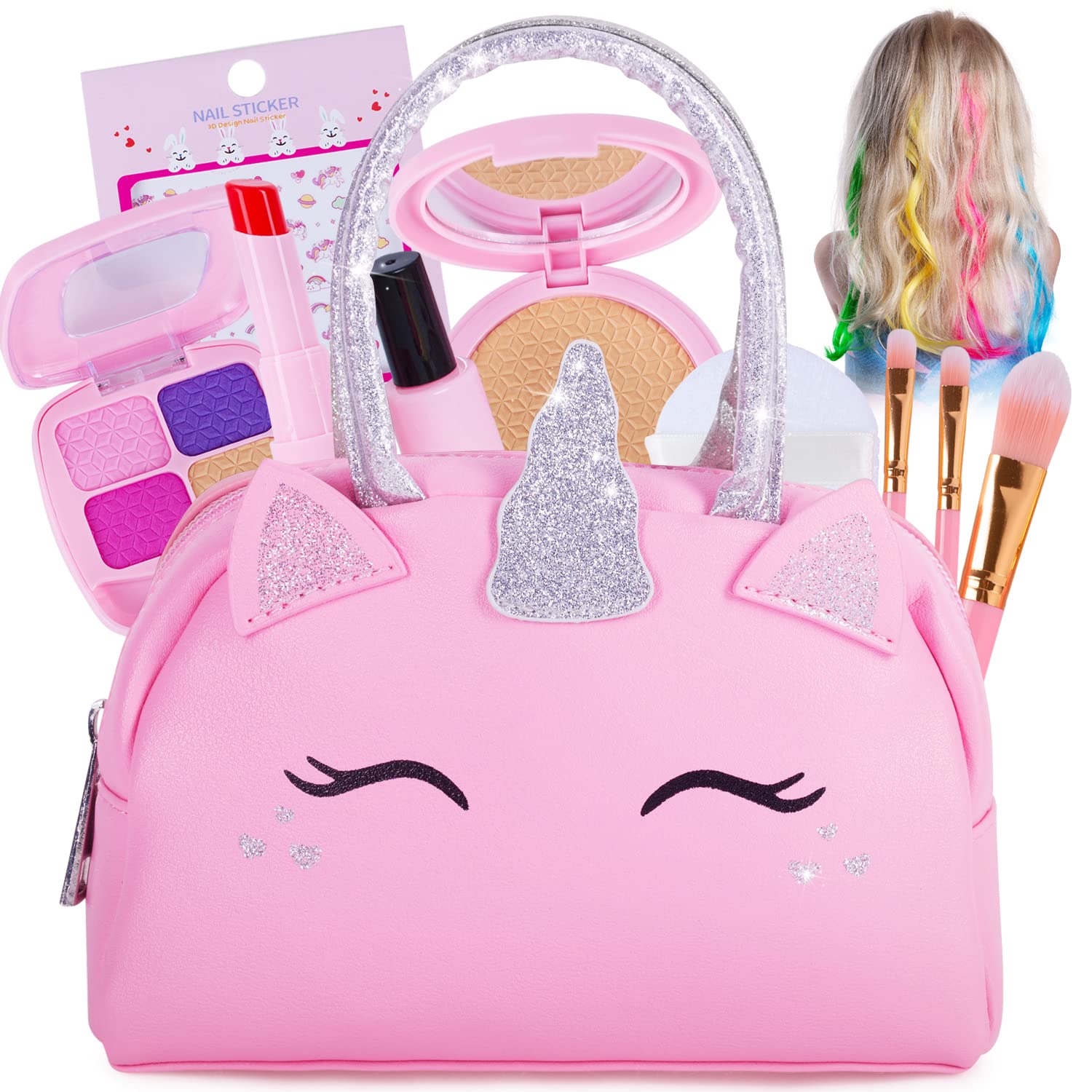 Kids Real Makeup Kit with Pink Unicorn Purse, Non Toxic Washable Make Up Set - Unicorn Toys for Girls Age 4-6, Girls Easter Basket Stuffers, Easter Gifts for Kids, Girl Gift Ages 3 4 5 6 7 8 Years Old