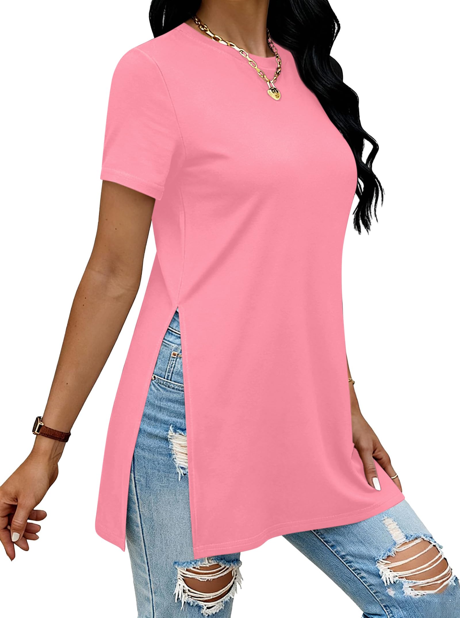 Remidoo Side Slit Tees for Women Tunic Tops Crewneck Long T Shirt Loose Fit Short Sleeve Tee
