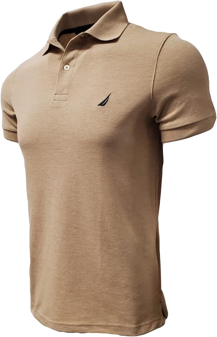 Mens Slim Fit Short Sleeve Solid Cotton Pique Polo Shirt (Medium, Camel Heather)
