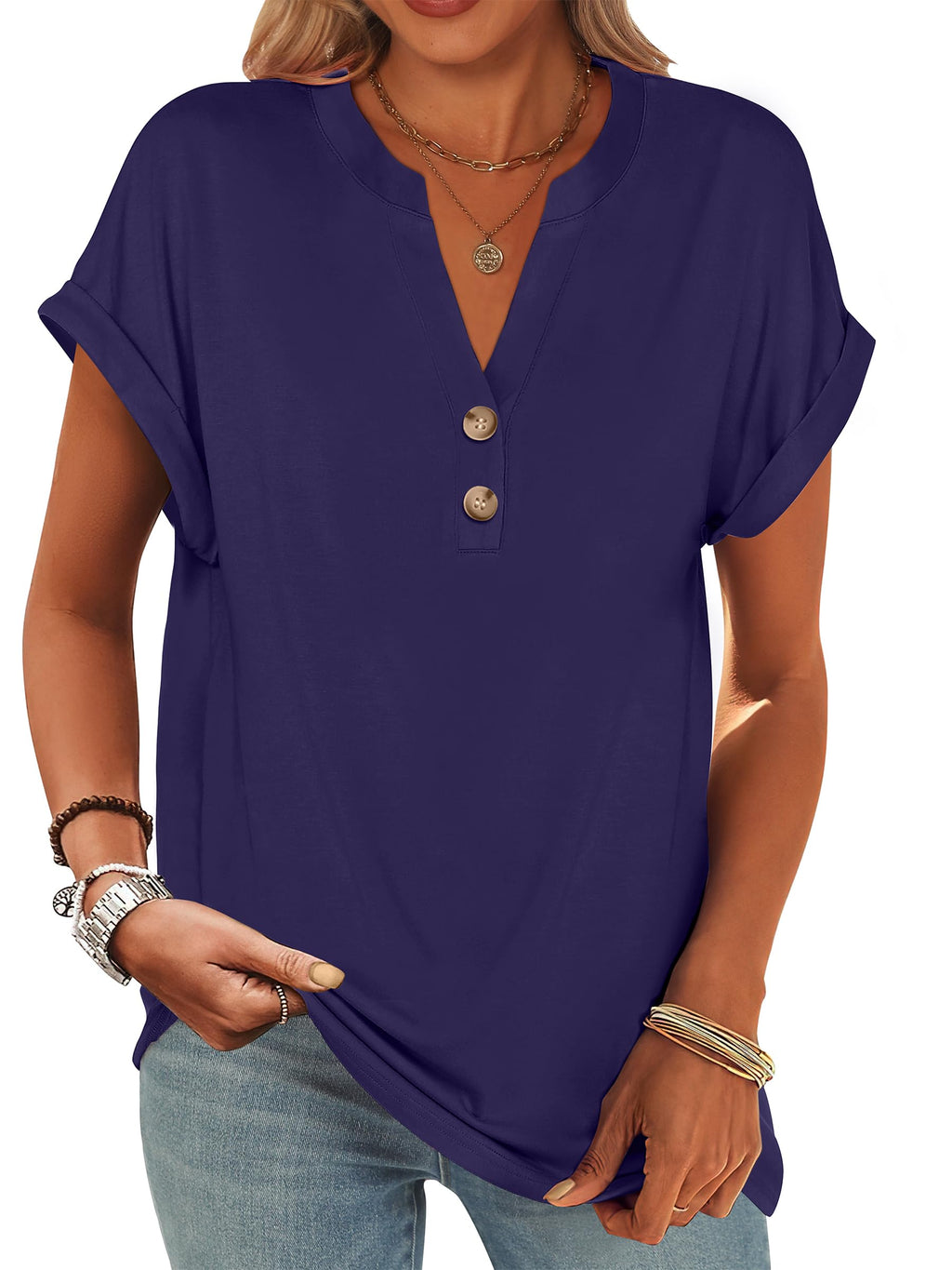ANRABESS Womens Short Sleeve Henley Tops V Neck Dressy Casual Blouses Summer Trendy Tee Shirts 2026 Vacation Fashion Clothes