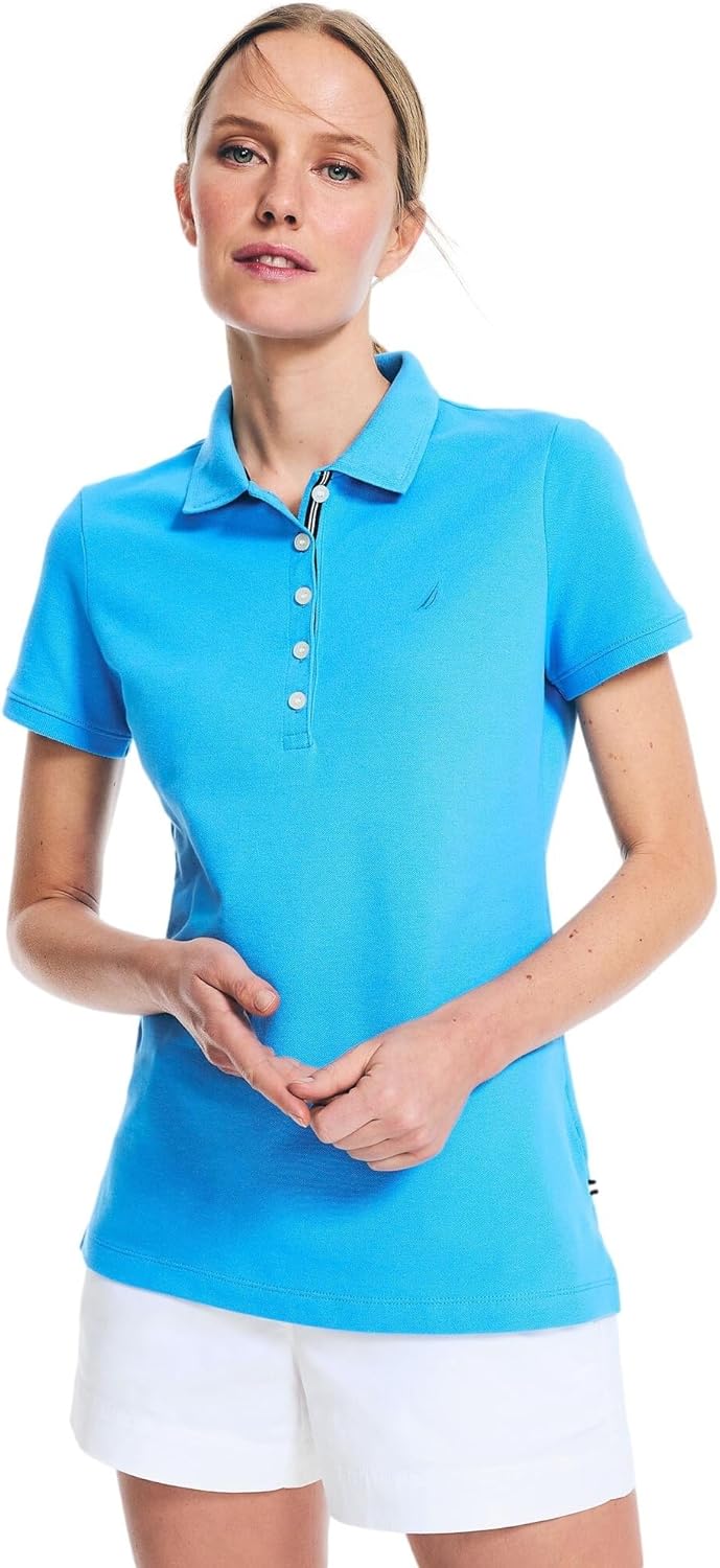 Nautica Women's 5-Button Short Sleeve Breathable 100% Cotton Polo Shirt