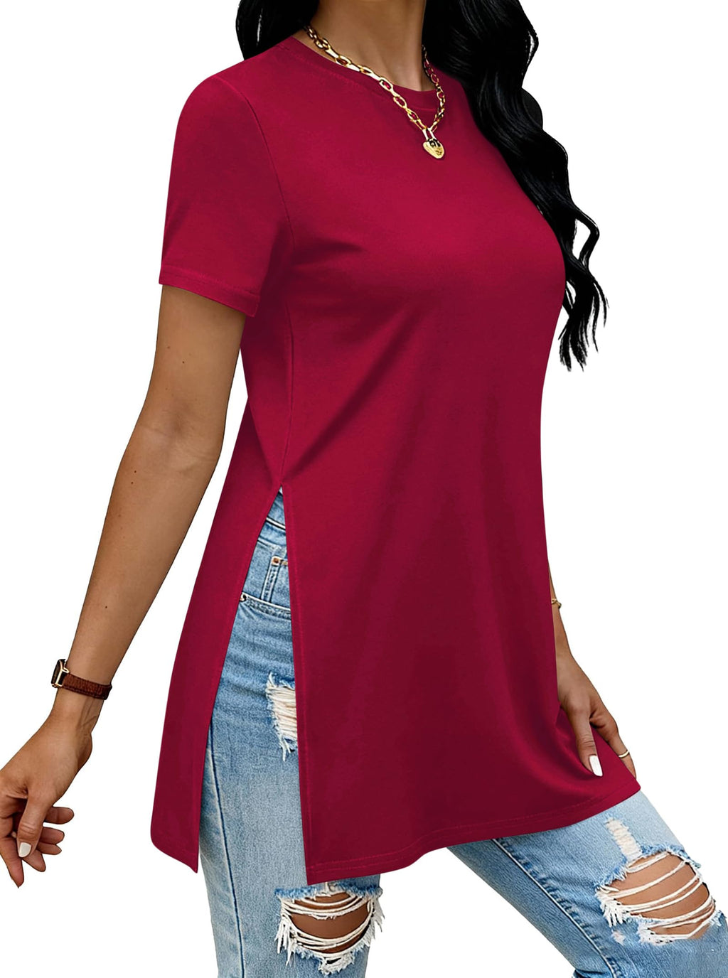 Remidoo Side Slit Tees for Women Tunic Tops Crewneck Long T Shirt Loose Fit Short Sleeve Tee