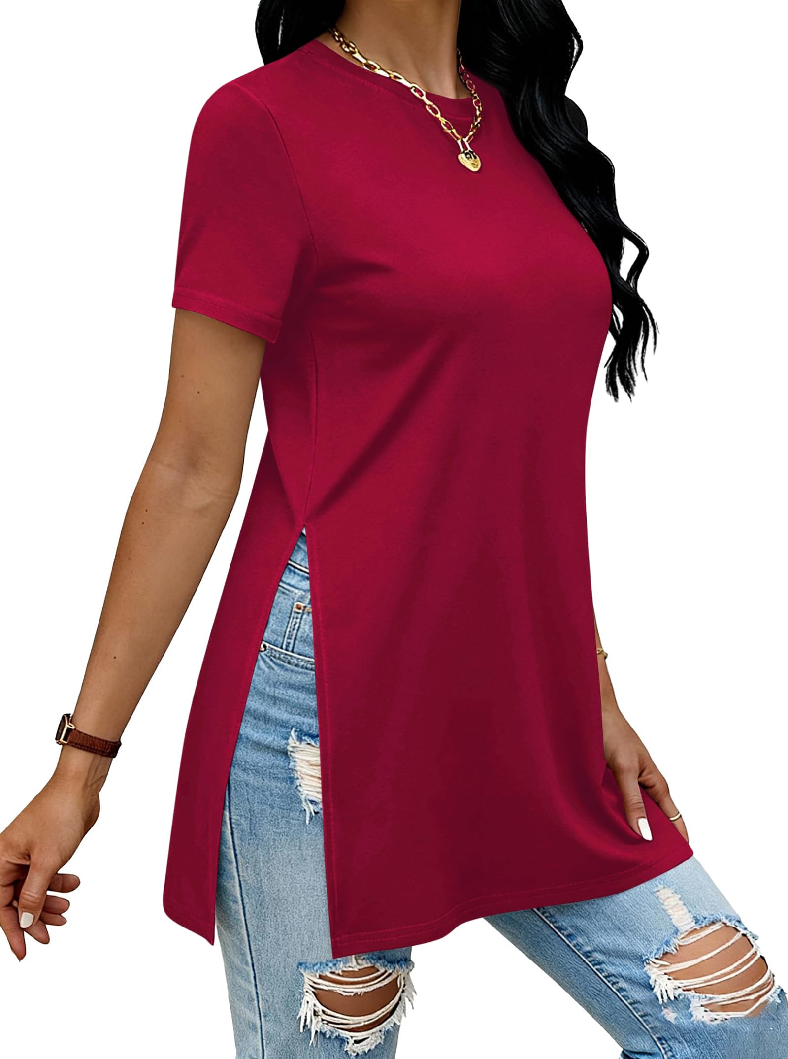 Remidoo Side Slit Tees for Women Tunic Tops Crewneck Long T Shirt Loose Fit Short Sleeve Tee