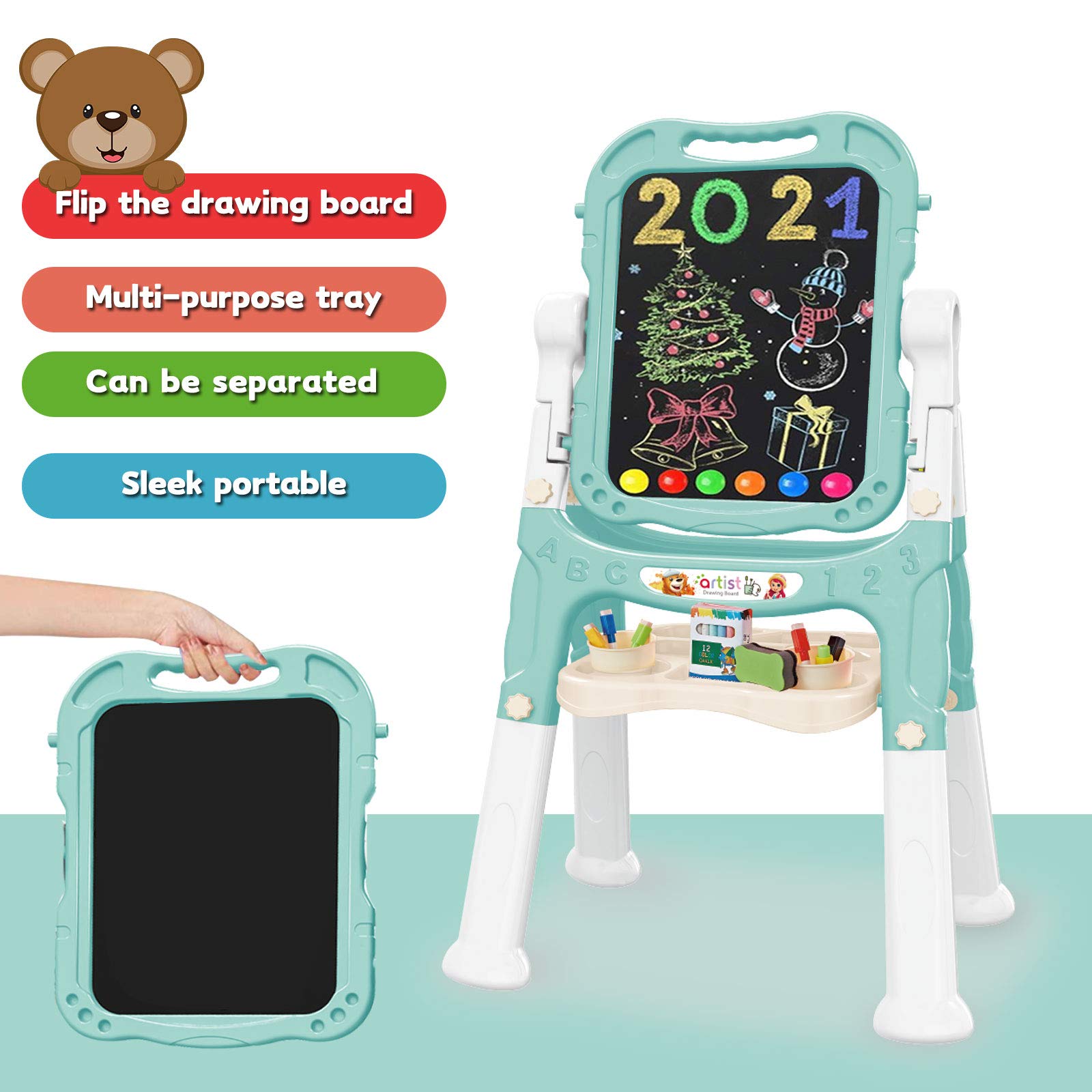 Mojitodon Art Easel for Kids, Adjustable Standing Rotatable Double Sided Easel with Painting Accessories for Toddlers Boys and Girls-Pink