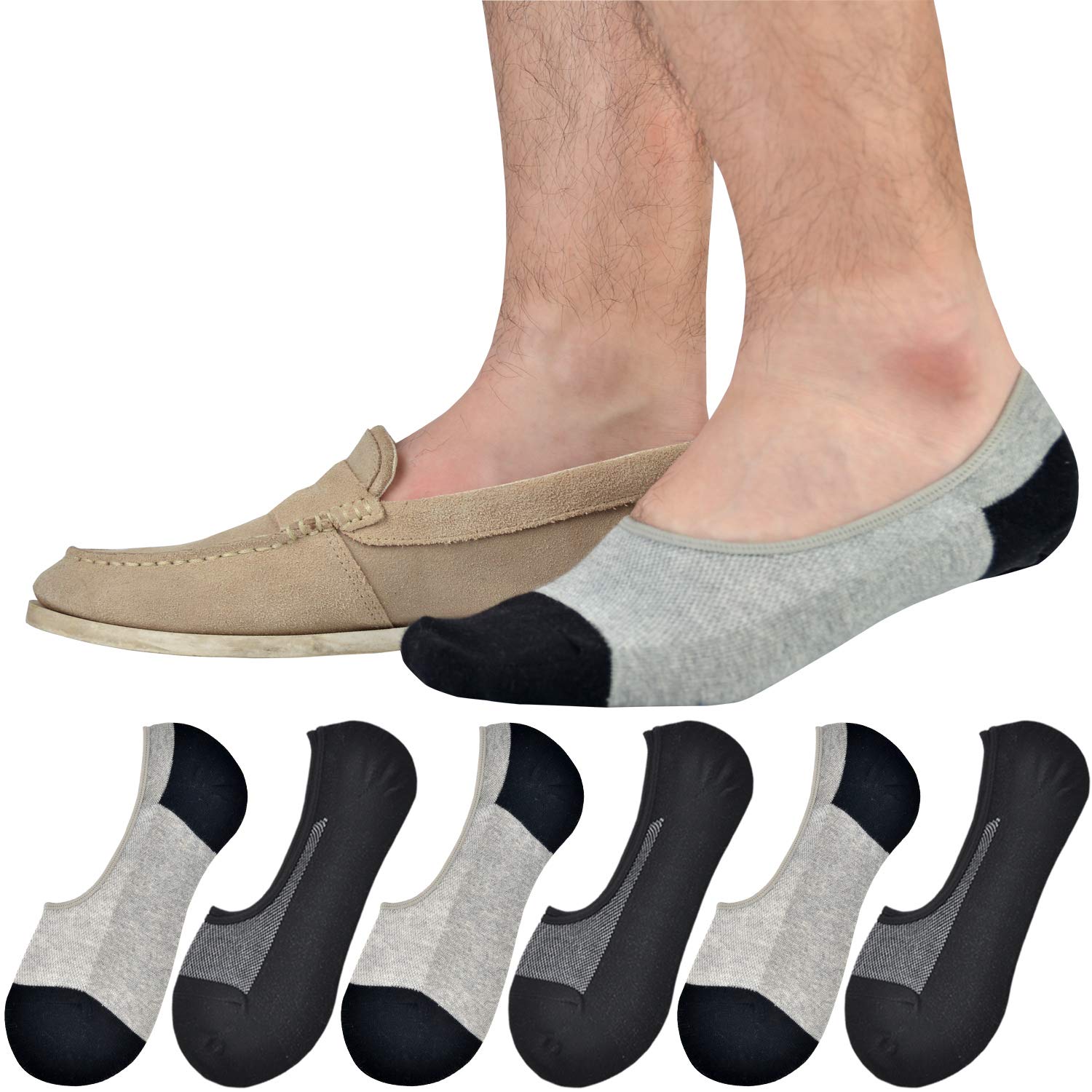 Genuine Mens No Show Socks, Loafer Sneakers Low Cut Cotton Socks With Non Slip Grips