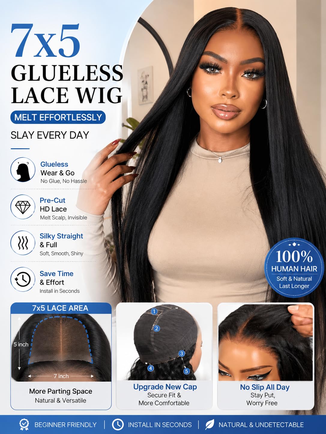 No Slip Yaki Straight Bob Drawstring Wig Human Hair with Flexible Mesh Cap,Glueless Upgrade 7x5 Bye Bye Knots Wig Pre Cut/Plucked/Bleached Ready to Go Short Yaki Bob Wig 180% Density 10inch
