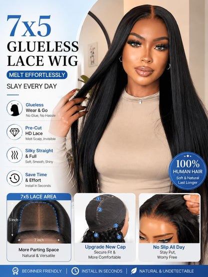 No Slip Yaki Straight Bob Drawstring Wig Human Hair with Flexible Mesh Cap,Glueless Upgrade 7x5 Bye Bye Knots Wig Pre Cut/Plucked/Bleached Ready to Go Short Yaki Bob Wig 180% Density 10inch