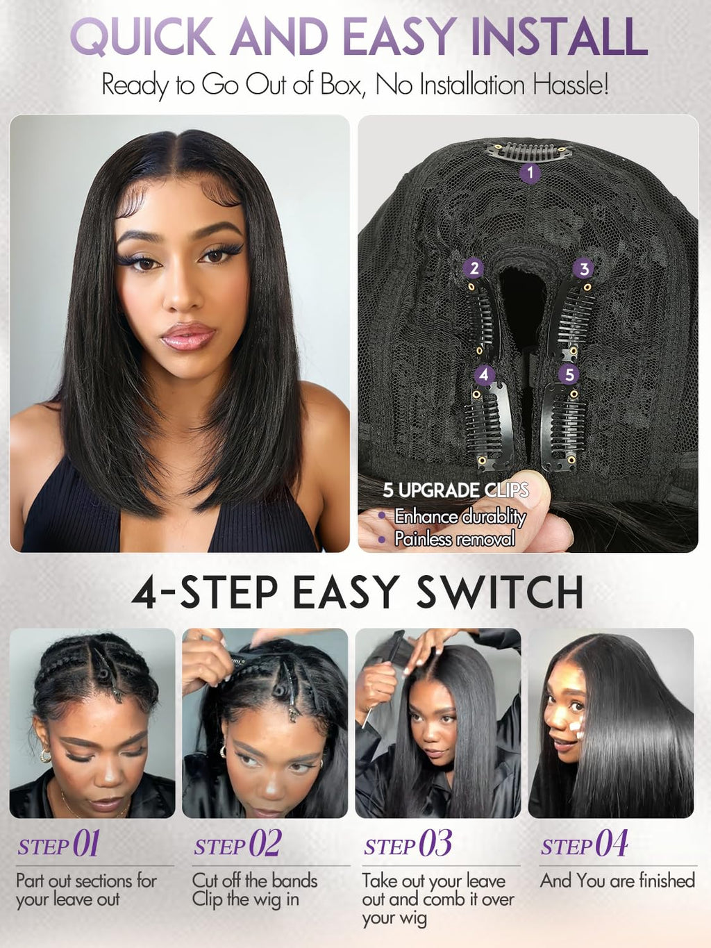 Yaki Straight Layered U Part Wigs V Part Glueless Clip in Half Wigs for Women Realistic Natural Looking Heat Resistant Synthetic Hair(24inch,Natural Black)