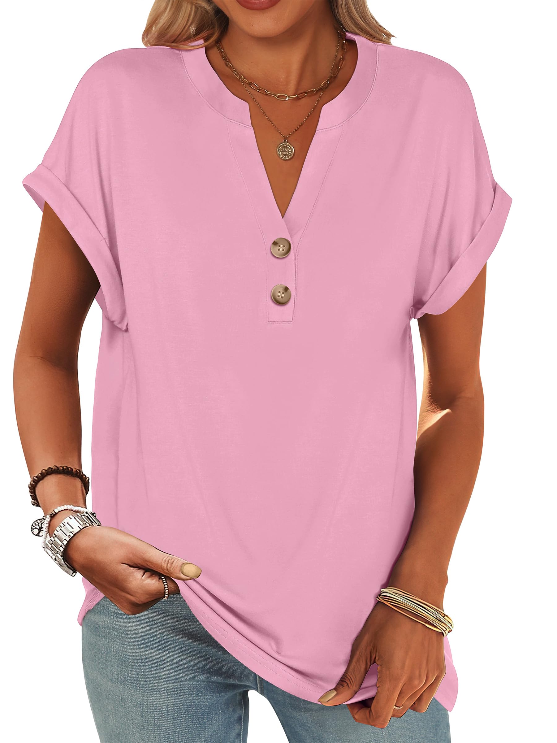 ANRABESS Womens Short Sleeve Henley Tops V Neck Dressy Casual Blouses Summer Trendy Tee Shirts 2026 Vacation Fashion Clothes