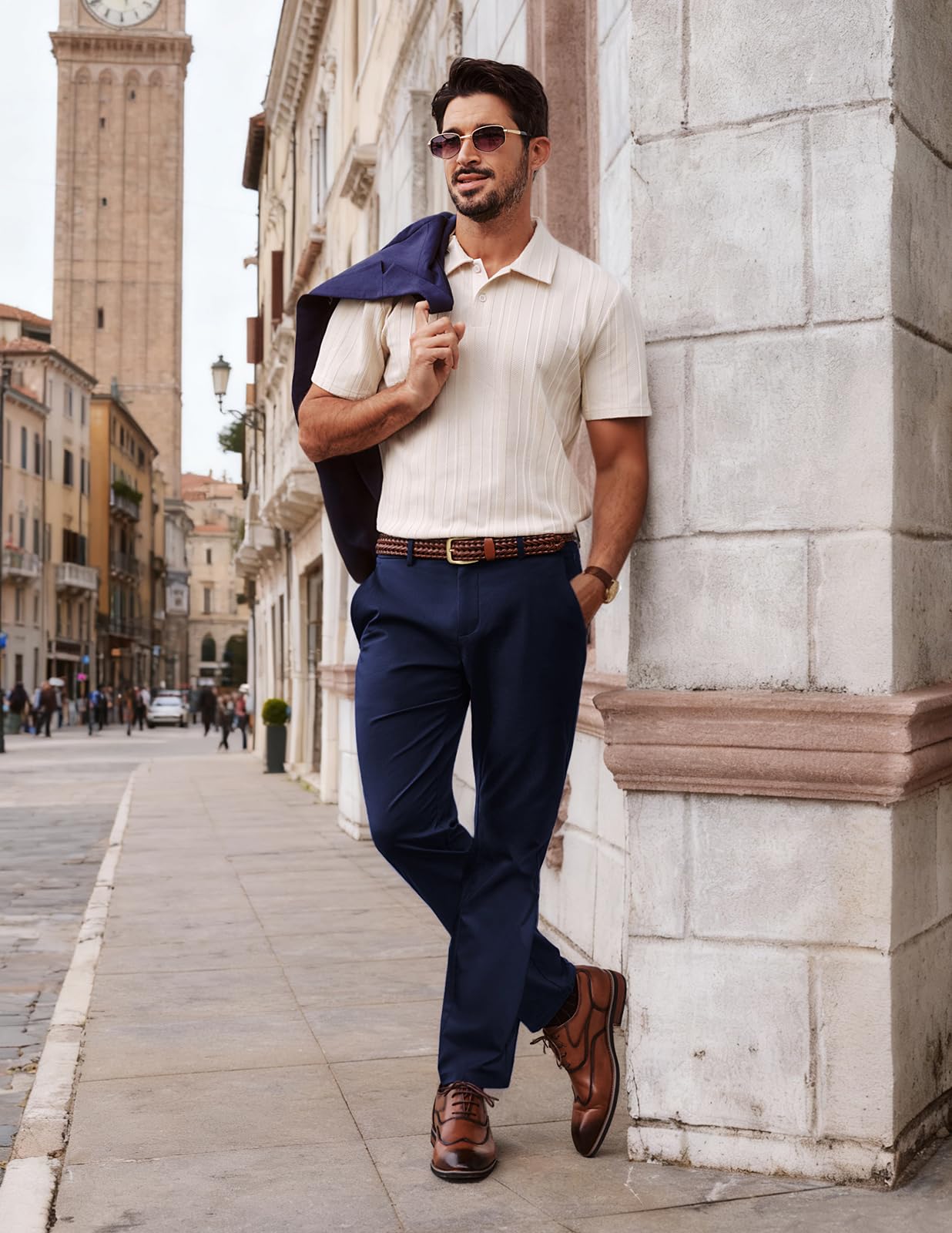 Mens Dress Pants 4-Way Stretch Tapered Trousers Extended Waist Dress Pant Casual Golf Pants