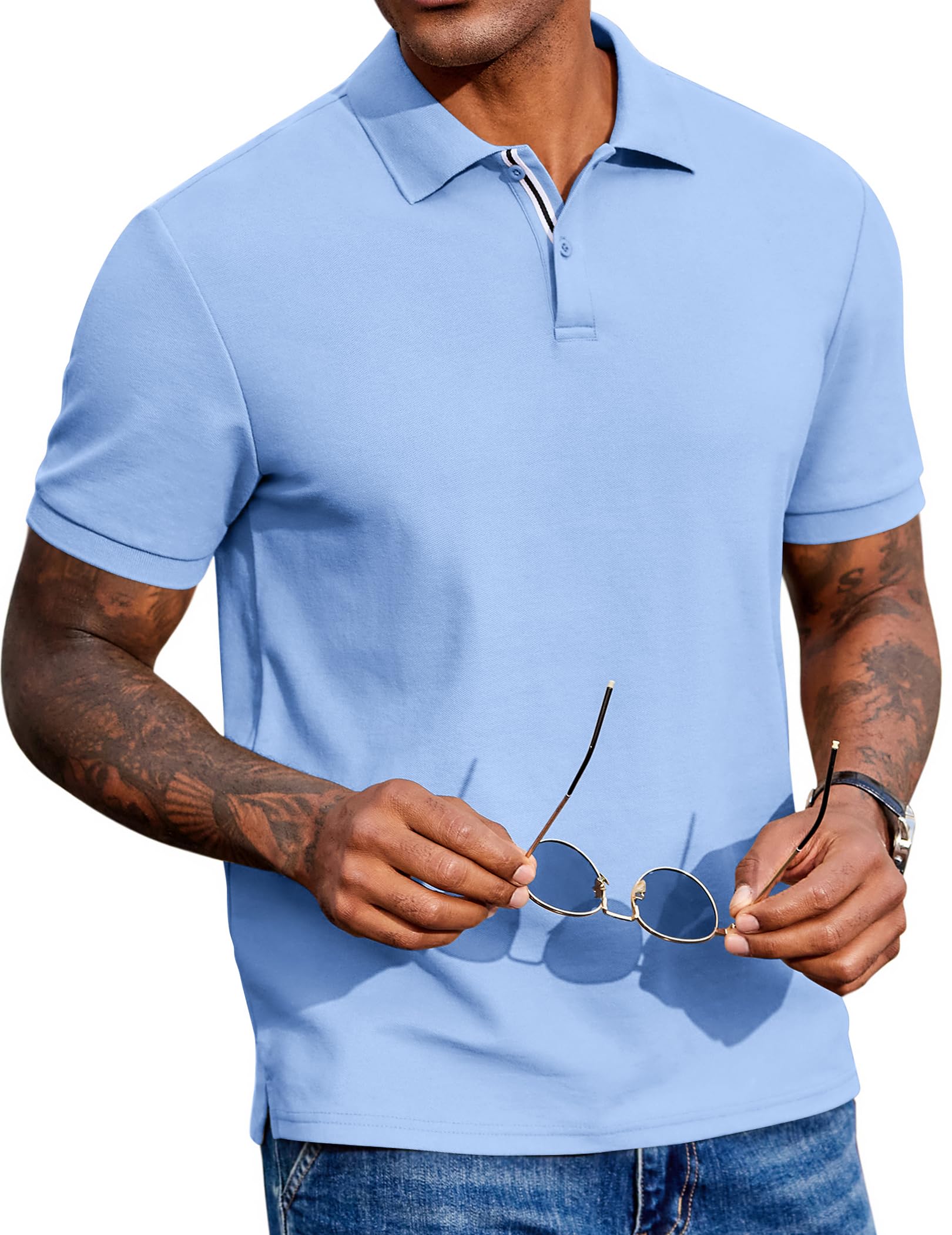 Men's Polo Shirts Short Sleeve Cotton Pique Casual Button T Shirts Classic Fit Collared Golf Shirts