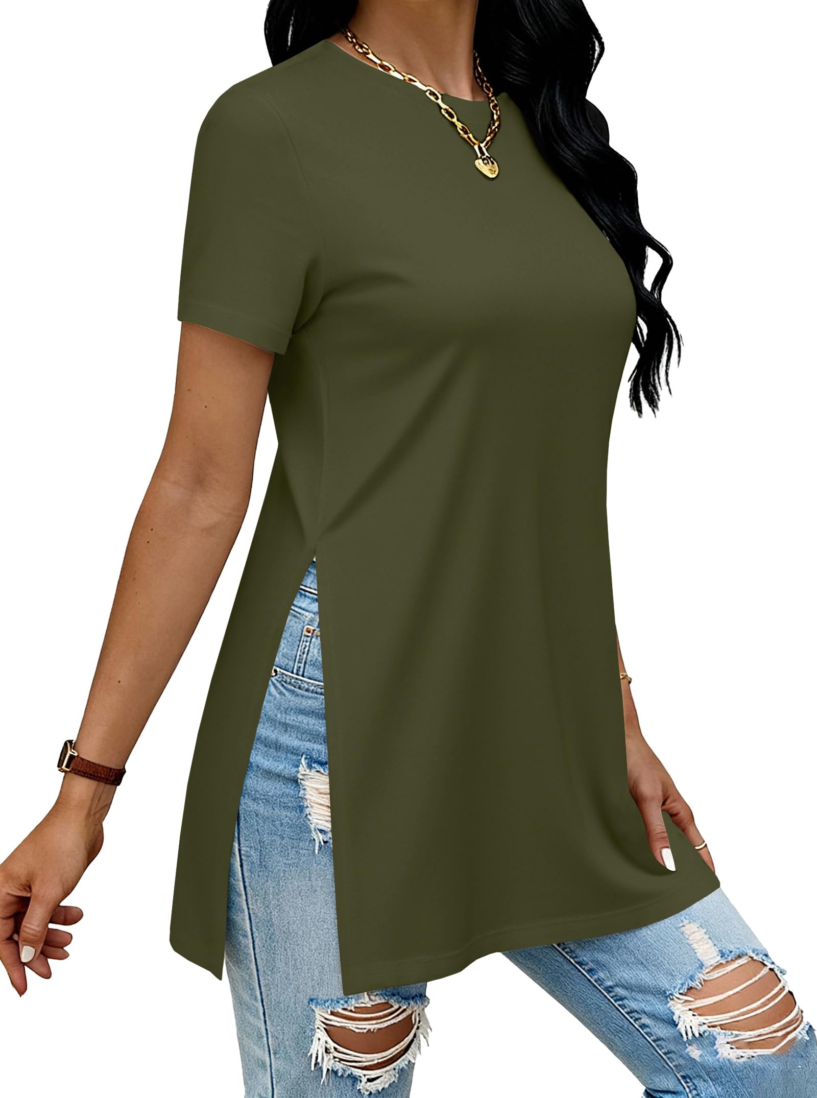 Remidoo Side Slit Tees for Women Tunic Tops Crewneck Long T Shirt Loose Fit Short Sleeve Tee