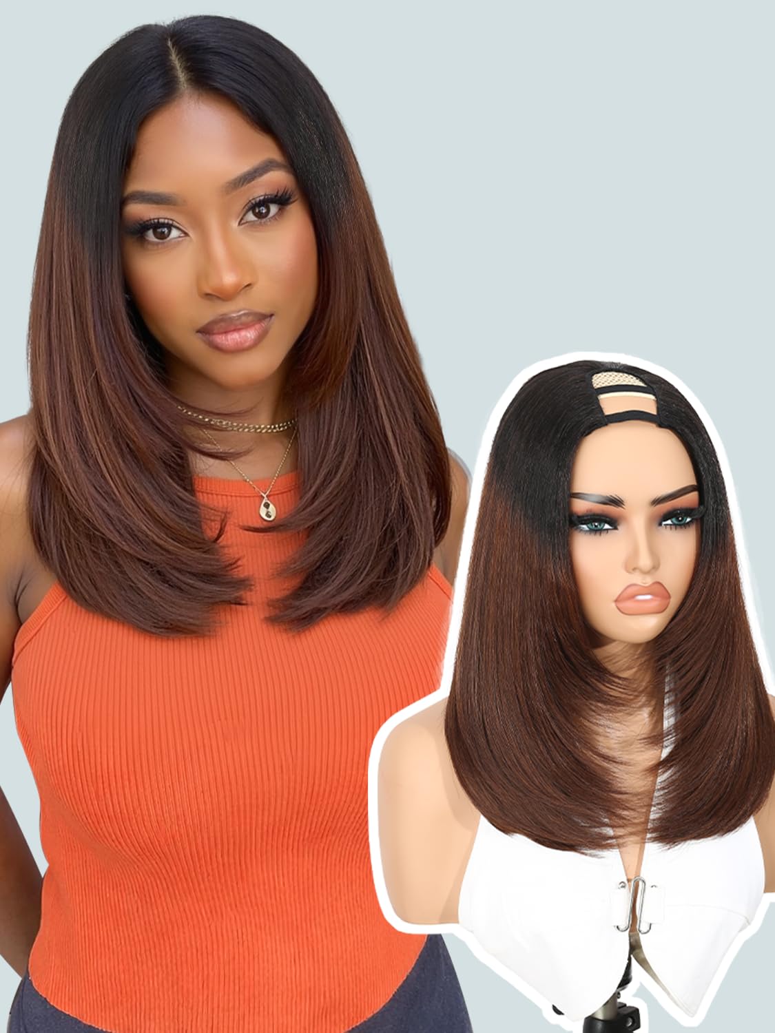 Yaki Straight Layered U Part Wigs V Part Glueless Clip in Half Wigs for Women Realistic Natural Looking Heat Resistant Synthetic Hair(24inch,Natural Black)