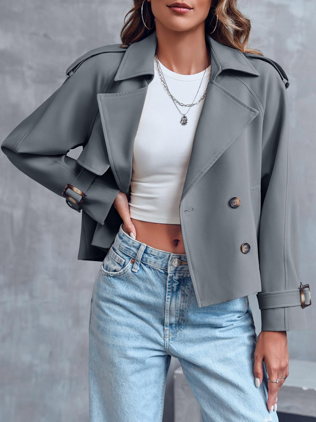Women Crop Double Breasted Trench Coat Raglan Sleeve Work Office Cropped Jacket With Pockets