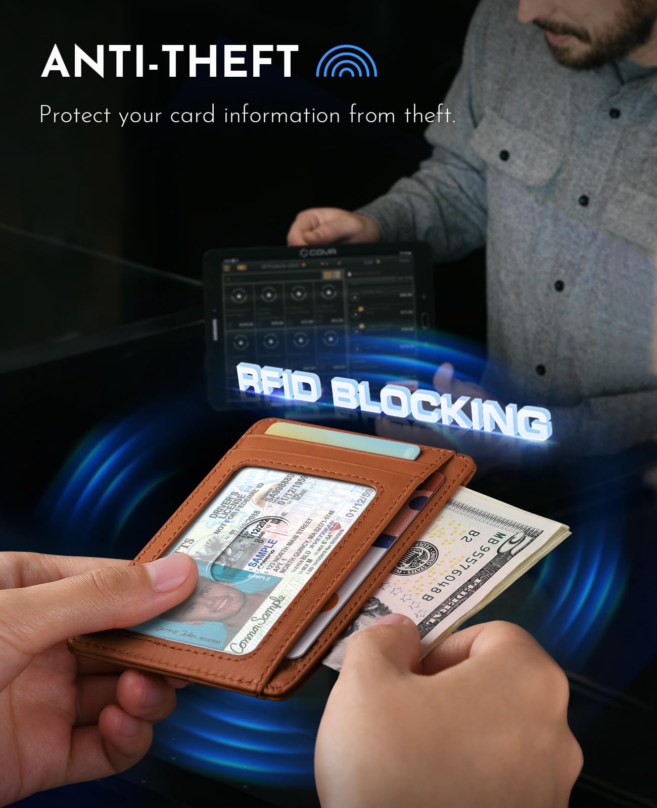 Slim Minimalist Front Pocket RFID Blocking Leather Wallets for Men and Women - Carbon Fiber Black