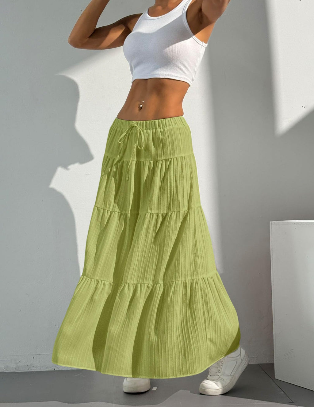 Women's Boho Flowy White Maxi Skirt Flared Ruffle Elastic Waist Summer A Line 2026 Spring Long Skirts