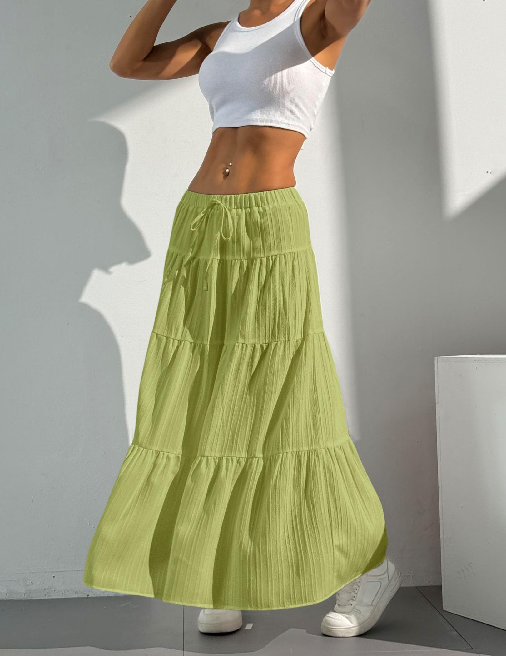 Women's Boho Flowy White Maxi Skirt Flared Ruffle Elastic Waist Summer A Line 2026 Spring Long Skirts