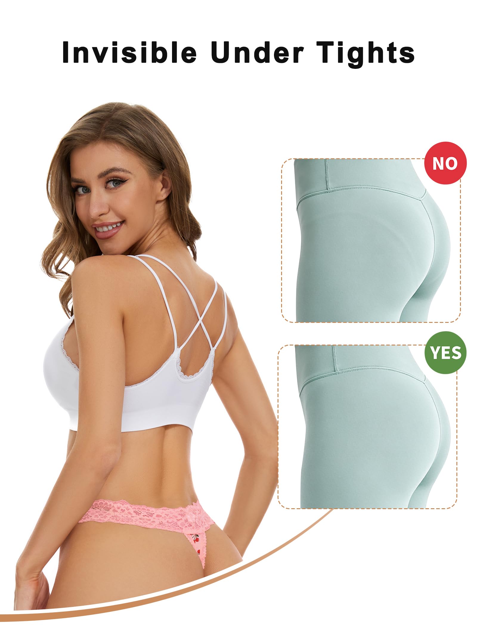 Seamless Women Thong,No Show Lace Underwear,Invisible,Cotton Blend | 5 Pack Ladies Lacy Band Breathable Athletic Panties,Comfortable Soft Undies,Comfy Gym Mid Rise Stretch No Seam Laced Tanga