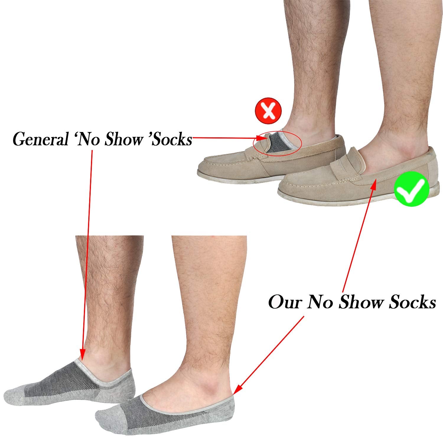 Genuine Mens No Show Socks, Loafer Sneakers Low Cut Cotton Socks With Non Slip Grips