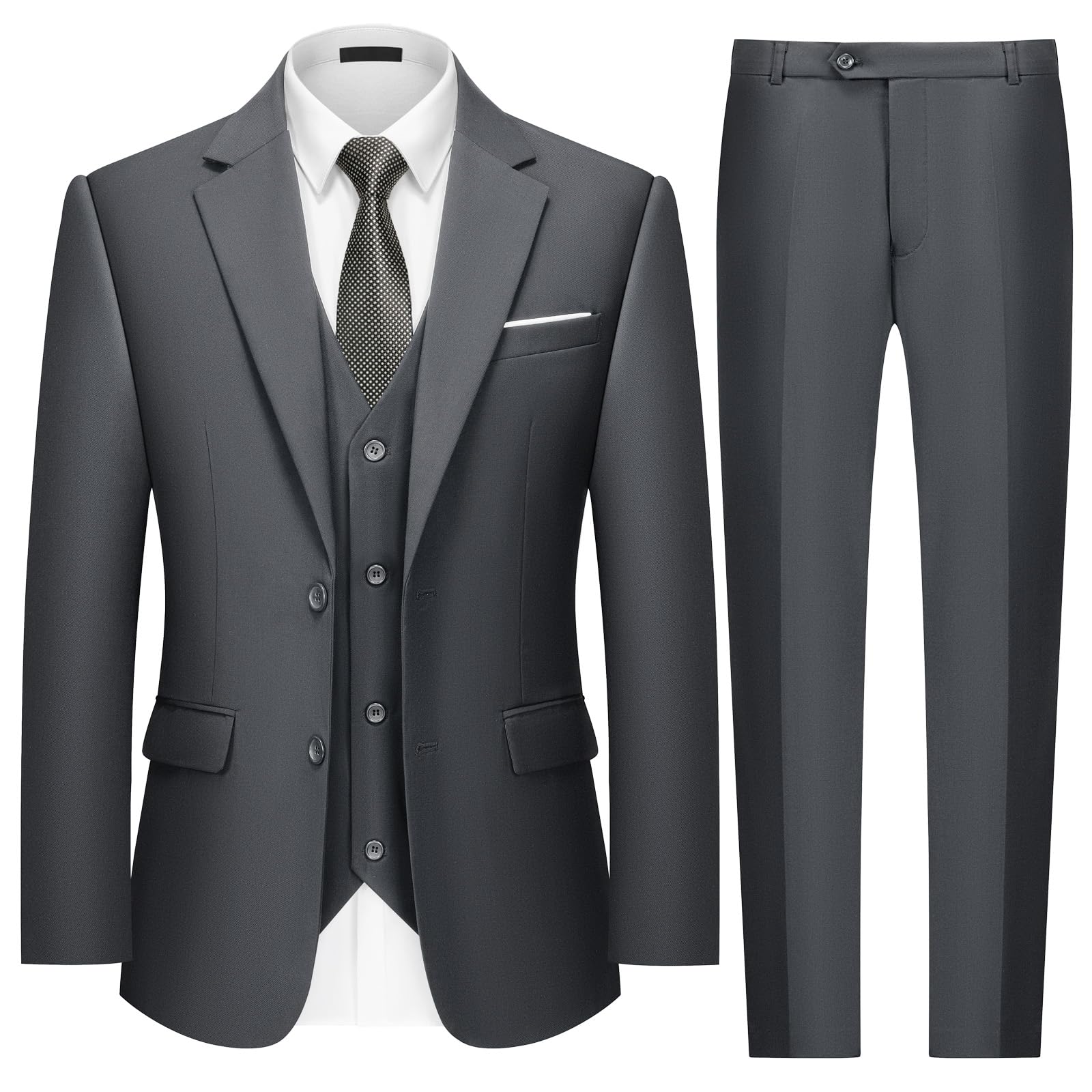Mens Two Button 3-Piece Suits Slim Fit Tuxedo Set with Blazer Jacket Vest & Pants for Wedding Prom Business