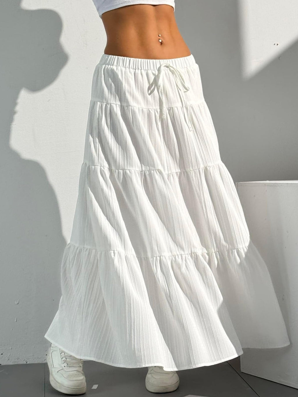 Women's Boho Flowy White Maxi Skirt Flared Ruffle Elastic Waist Summer A Line 2026 Spring Long Skirts