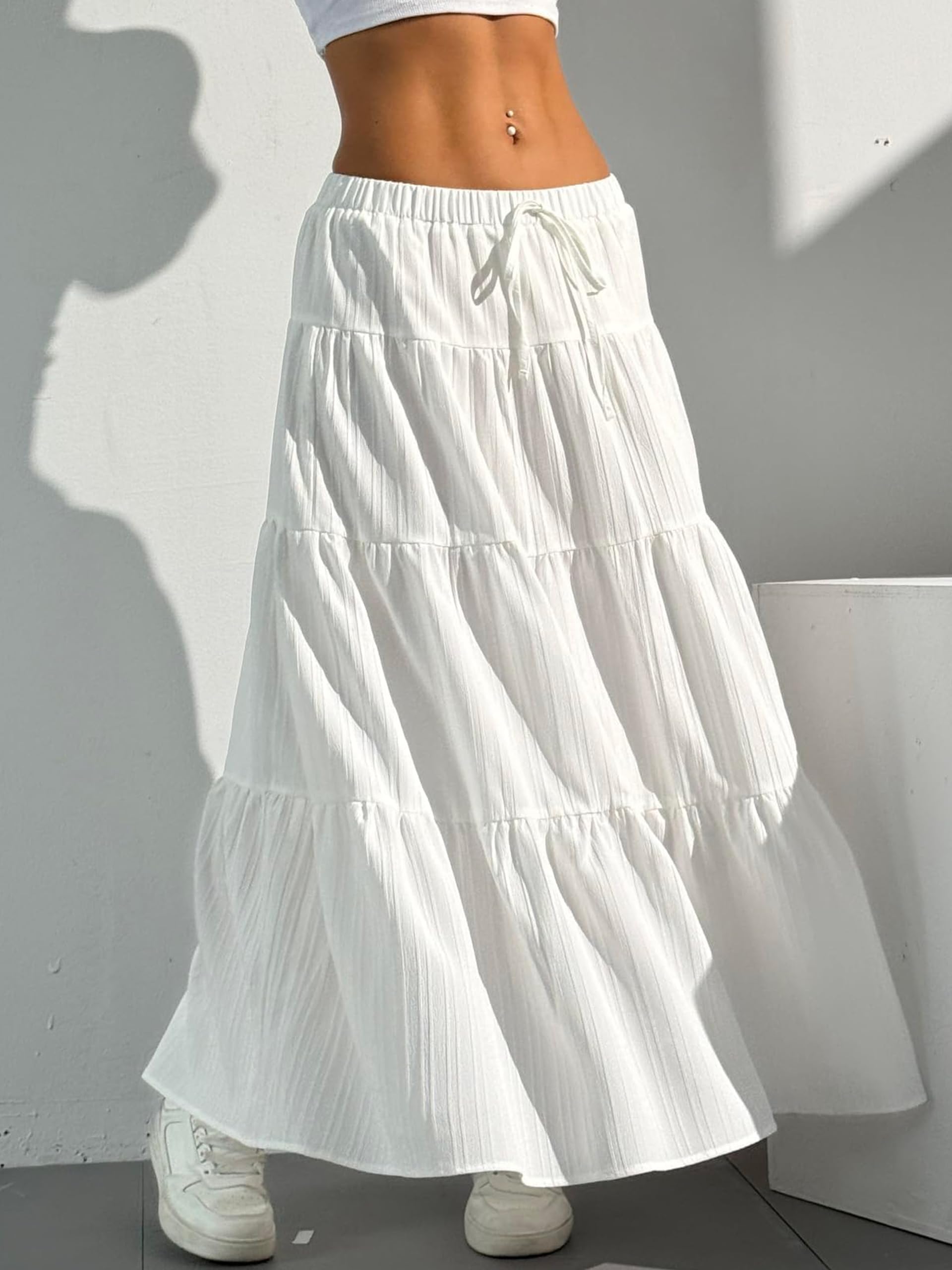 Women's Boho Flowy White Maxi Skirt Flared Ruffle Elastic Waist Summer A Line 2026 Spring Long Skirts