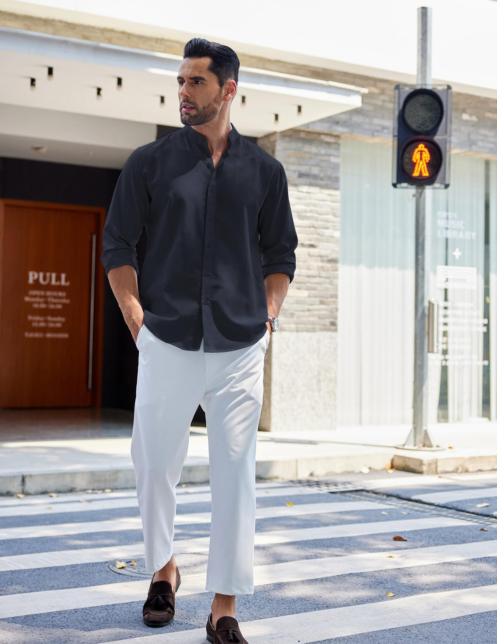 Men's Long Sleeve Oxford Dress Shirts Button Down Shirt Casual Band Collar Shirts