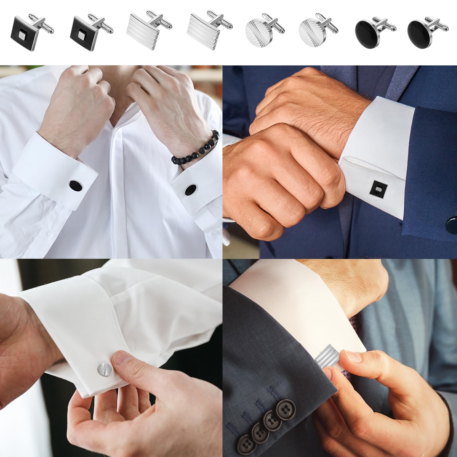 4 Pairs Cufflinks for Men Classic Tone Cuff Links Fashion Men Cufflinks Gold/Sliver Striped Disc Square Rectangle Cuff Links for Business Wedding Party Gift Box