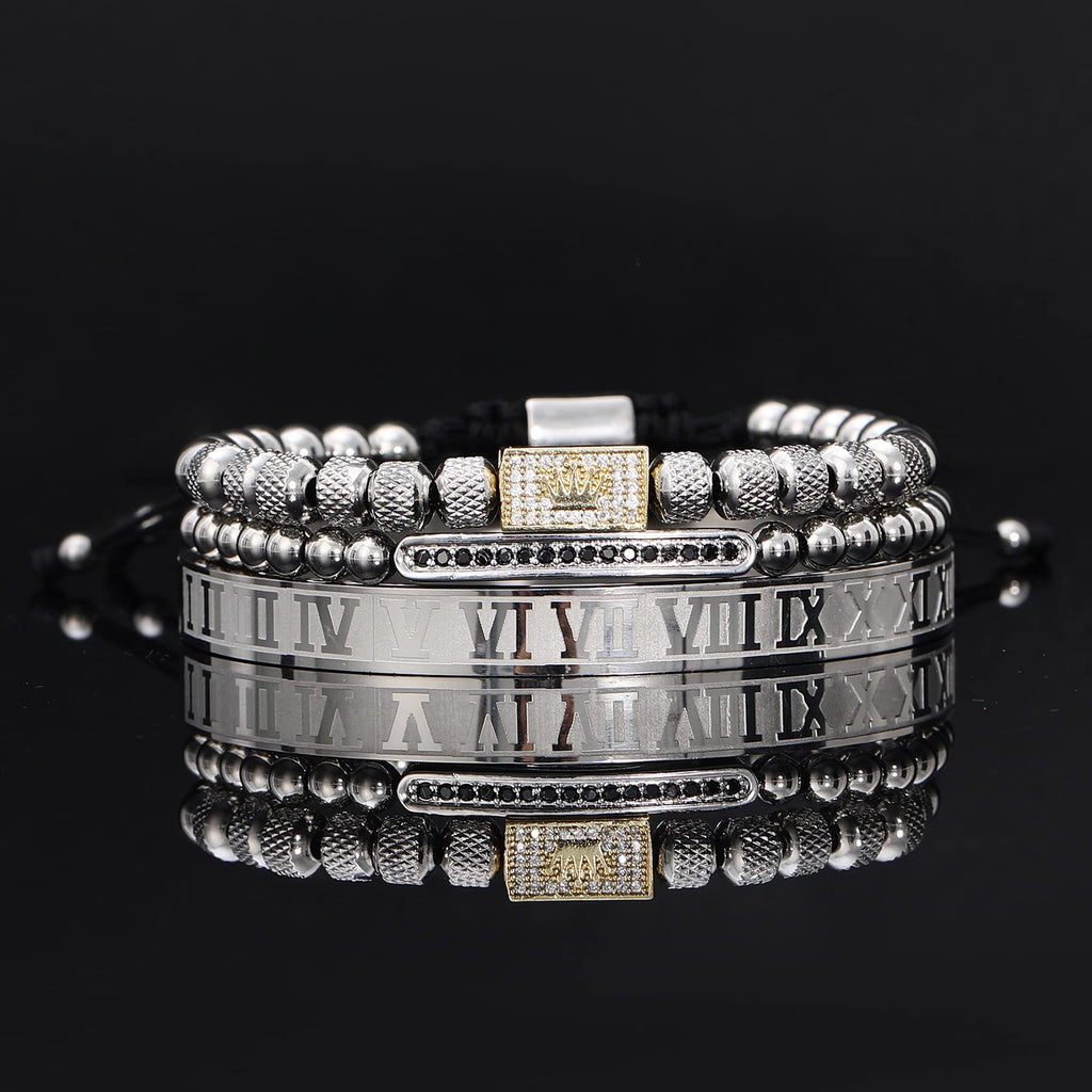 3PCS Stainless Steel Bracelets for Men Gold Roman Numeral Bangle Bracelet Twisted Cable Bracelet Adjustable Cuff Bracelet Mens Luxury Jewelry Bracelets Gifts