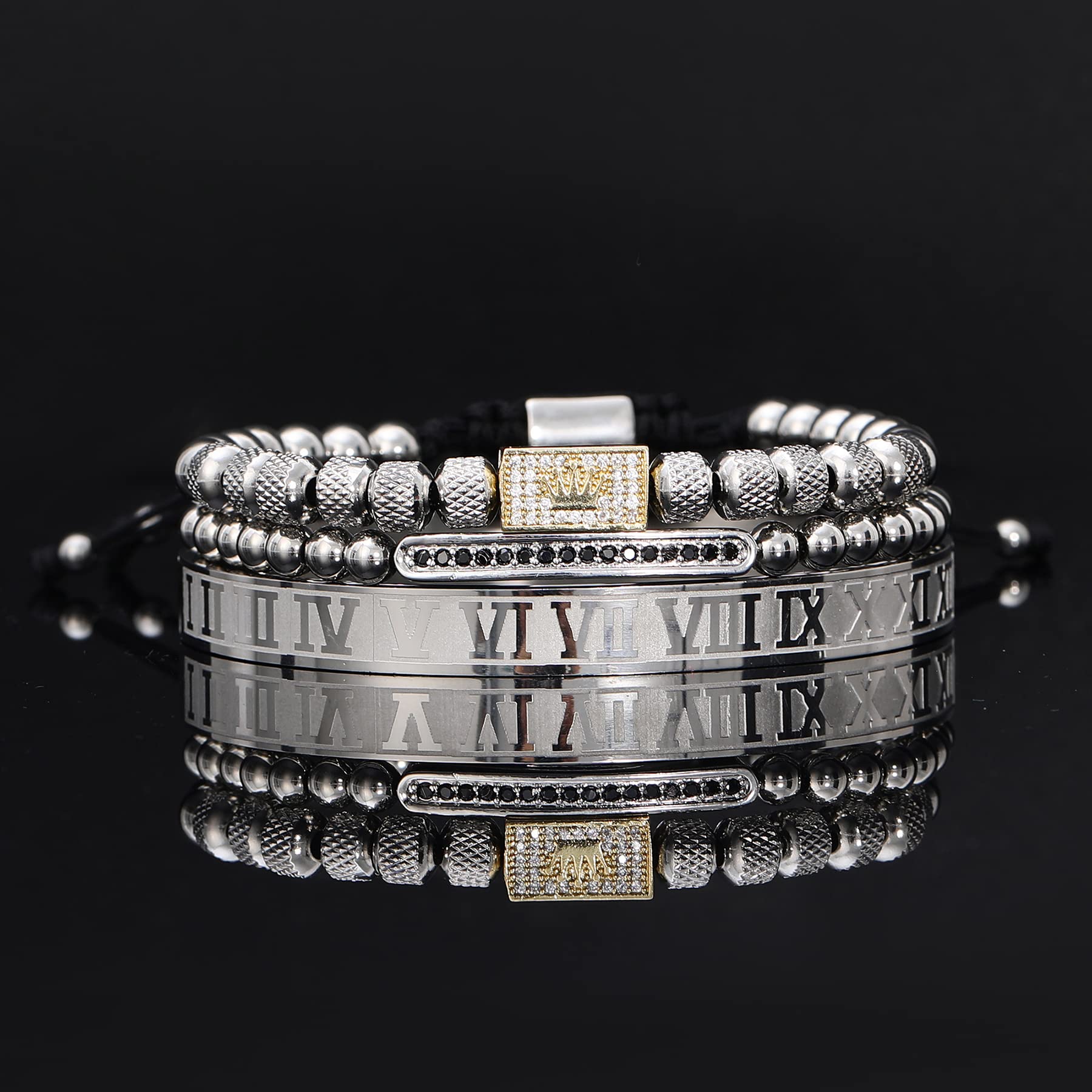 3PCS Stainless Steel Bracelets for Men Gold Roman Numeral Bangle Bracelet Twisted Cable Bracelet Adjustable Cuff Bracelet Mens Luxury Jewelry Bracelets Gifts
