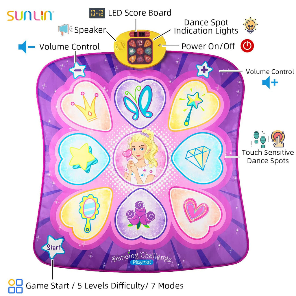 SUNLIN Dance Mat - Rhythm Step Play Mat - Dance Game Toy Pad with LED Lights, Gift for Kids Girls 3-12, Adjustable Volume, Built-in Music, 3 Challenge Levels