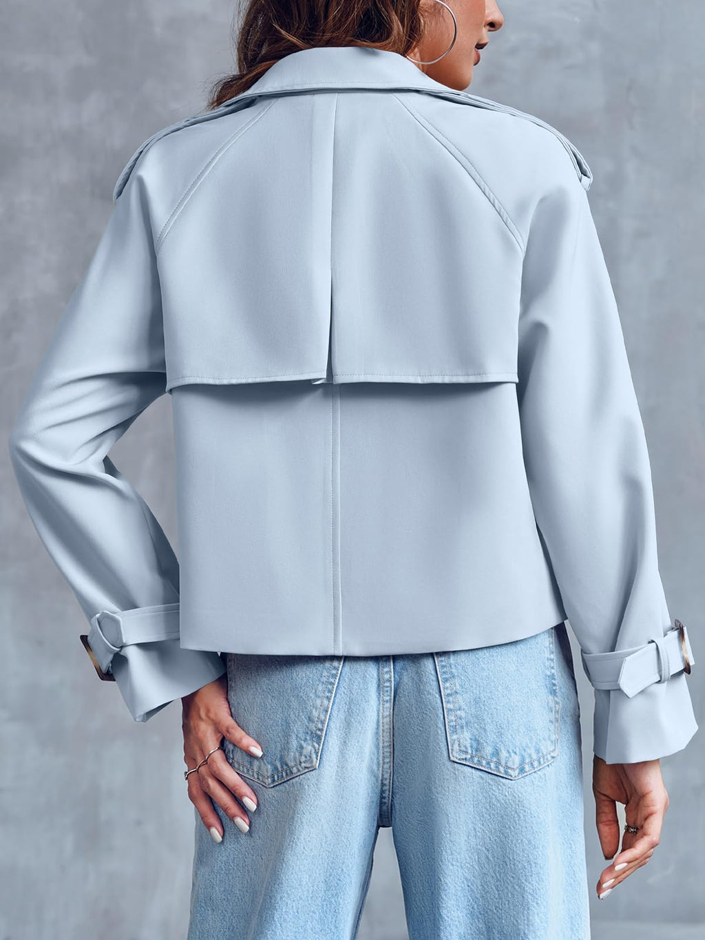 Women Crop Double Breasted Trench Coat Raglan Sleeve Work Office Cropped Jacket With Pockets