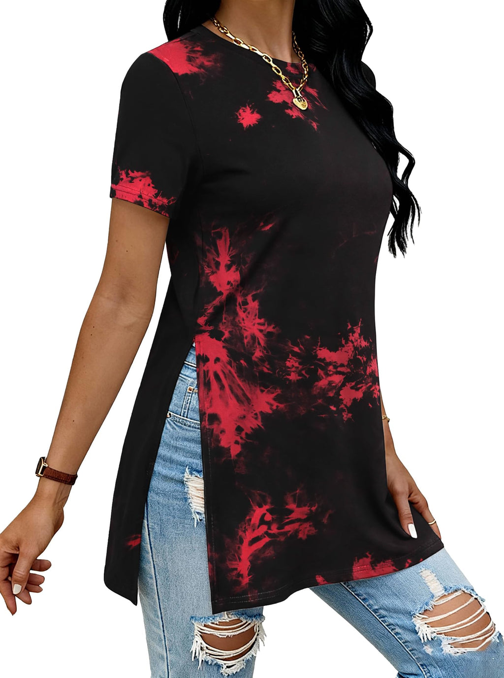 Remidoo Side Slit Tees for Women Tunic Tops Crewneck Long T Shirt Loose Fit Short Sleeve Tee