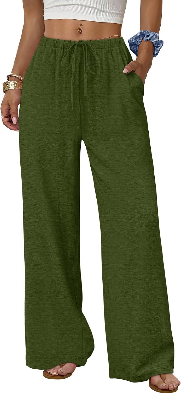 Wide Leg Pants for Women Flowy Palazzo Drawstring Elastic Waist Trousers with Pockets Summer Beach Vacation Clothes