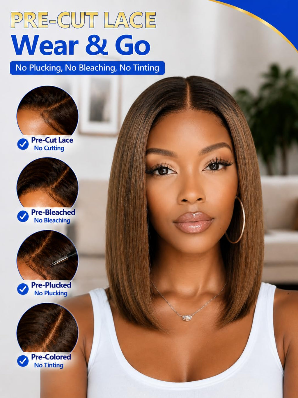 No Slip Yaki Straight Bob Drawstring Wig Human Hair with Flexible Mesh Cap,Glueless Upgrade 7x5 Bye Bye Knots Wig Pre Cut/Plucked/Bleached Ready to Go Short Yaki Bob Wig 180% Density 10inch